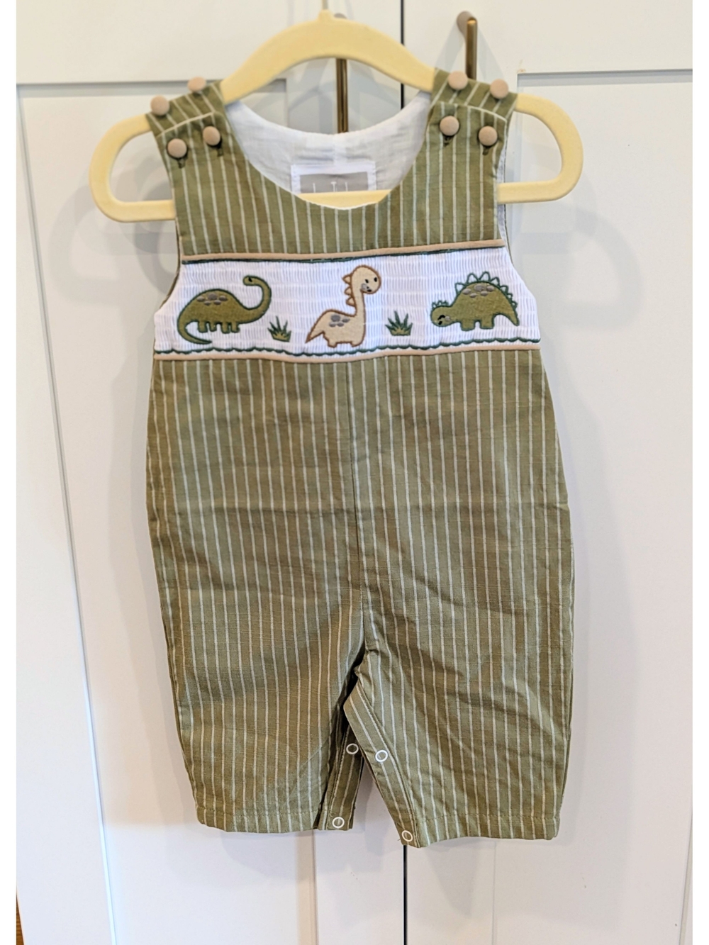 Lil' Cactus Olive Stripe Dino Smocked Overalls